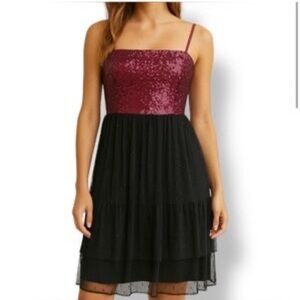 DRESS THE POPULATION Kady Dress Womens Size S Merlot Red Sequin Midi Tulle Dot